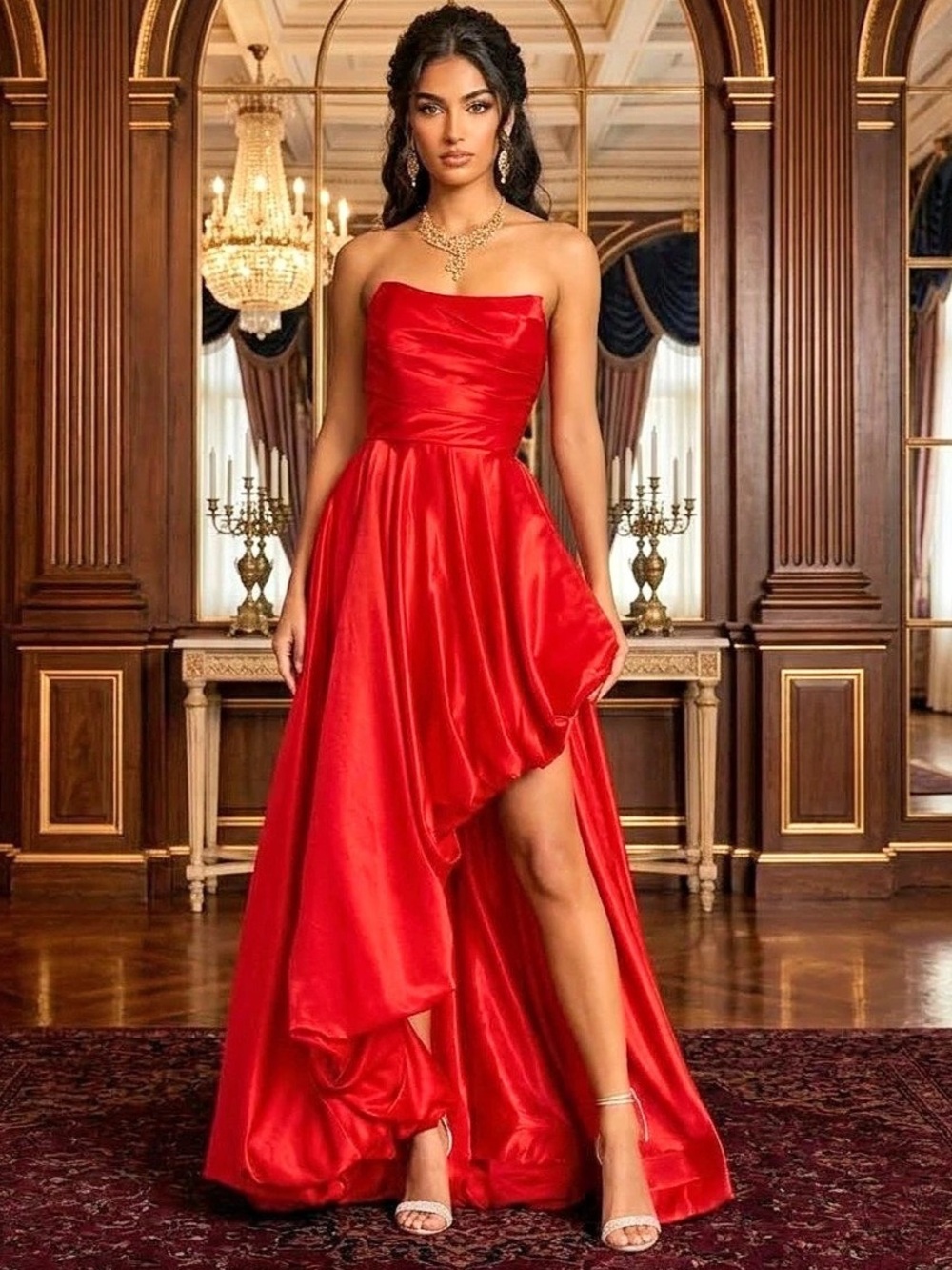 Mac Duggal Strapless Ruched High Low Gown Red Maxi Dress Medium